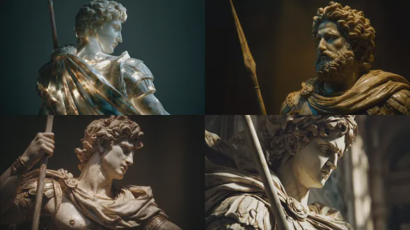 一幅戏剧性的中景、上半身场景，佩琉斯被渲染成精雕细琢的象牙大理石雕像，是巴洛克杰作。他坚定站立，手持长矛贴近身体，身着青铜胸甲与飘逸斗篷，表情克制却坚定。细微柔和发光的颗粒流从大理石表面消散，似缓慢移动的命运向侧面飘动，有微弱海色调光线透过，呈现古金色与柔和蓝绿色光线，具强烈巴洛克对比，体积光与颗粒互动，受控动态消散，有史诗神话重力，符合希腊神话的佩琉斯