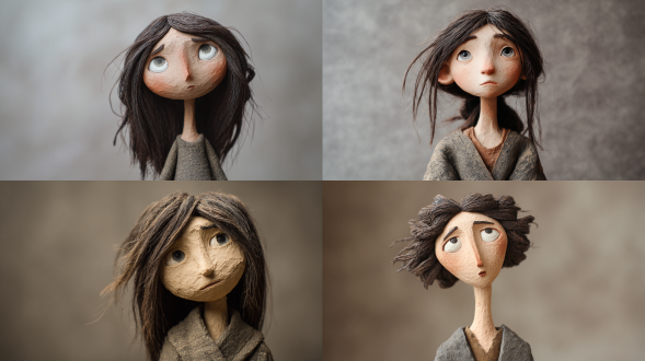 手工制作的粘土人偶，一个苗条内向的女孩，有着未打磨的粗糙石头质感，瘦弱身材、微微驼背的肩膀、自我保护的姿势，柔和无棱角的面部线条，大大的朦胧浅灰色眼睛、沉思的目光，薄薄的直嘴唇、微妙的眉毛动作，凌乱蓬乱的深棕色头发，宽松朴素的土色调亚麻服装（灰褐色、赭石色、米白色），无额外装饰，可见粘土指纹痕迹、轻微不平的粘土表面、僵硬关节、封闭态度，手工温暖、质朴简约，柔和漫射照明、中性背景