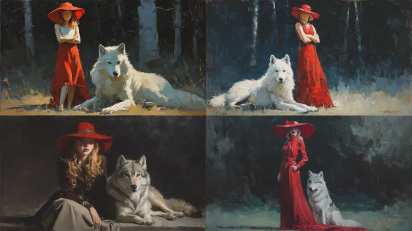 充满力量的戴红帽女孩与平静的狼呈反转力量姿势，是高端精致的艺术油画，具绘画式阴影、厚重厚涂效果，笔触可见画布纹理，有人工细节，色调柔和且色调分层精致，有艺术高光和柔和色调过渡，构图优雅且氛围宁静，是充满力量感的童话风格油画，自信的戴红帽女孩挺拔站立，灰狼安静坐在身旁，有权威与安静主导的氛围，背景是黑暗森林，灯光具电影感，绘画质感丰富，中心构图，无文字无水印，非三维