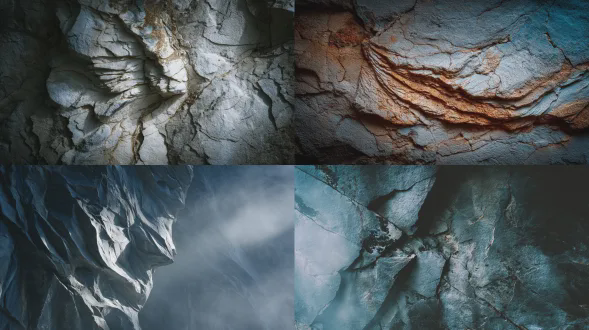 垂直悬崖壁上的翅膀抽象图案，由重叠的侵蚀线与矿物裂痕构成，仿佛石中嵌有人形。佳能eos r5，24mm f/1.8，iso 250，侧光配合尘埃雾霭，低角度拍摄，冷色调，岩石纹理细节，光影对比，超现实风格，静谧氛围，地质艺术感，自然雕塑效果，朦胧中有立体感。