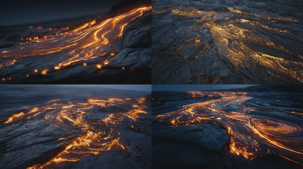 长曝光下熔岩在页岩下流动形成金色纹理，低角度拍摄，动态模糊，暗色调背景，炽热熔岩与冷硬岩石对比，24mm广角镜头，f/2.8大光圈，慢速快门，暖色调，强烈视觉冲击，火焰细节，液态金属质感，自然光与熔岩光混合，沉浸式构图。