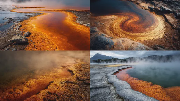 地热池内部发光，铁锈和赤铁矿沉积形成漩涡状橙红色边缘，蒸汽携金色尘埃，索尼a7r v，24–70mm f/2.8，iso 320，慢门长曝光，高动态范围，微距细节，暖色渐变，雾化效果，岩石纹理，自然光漫射，宁静神秘