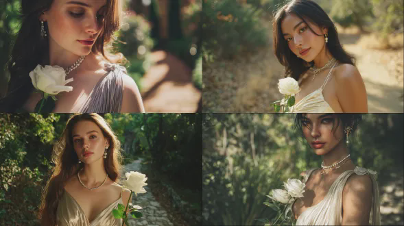 真实摄影风格，美丽女性面容精致五官立体，柔顺长发自然披肩，身穿浅色丝绸吊带长裙展现优雅身形，佩戴珍珠耳坠与细银项链，手持新鲜白玫瑰，站在阳光斑驳的林间小径，自然光晕勾勒发丝光泽，细腻肤质与丝绸褶皱细节，浅景深虚化背景突出人物，超高清8k画质，大师级人像摄影作品