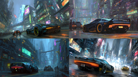 一辆赛博朋克风格的汽车行驶在史诗般的科幻城市街道上，高楼覆盖着电路和数字灯光。天空阴云密布，汽车上的霓虹招牌发出大量光线。在它前面，可以看到另一辆未来感的车辆。感觉像是《银翼杀手》或《创：战纪》中的场景