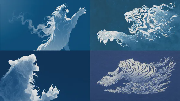 一只咆哮着向上跳跃且爪子伸展的白色老虎轮廓，风格为中国水墨画，背景为深蓝色，线条流畅，具有传统艺术风格，老虎身体周围有留白。鬃毛飘逸优雅，周围有类似烟雾的效果。它的头部有抽象设计效果，看起来像面前有水。