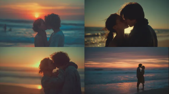 一幅浪漫的照片，描绘一对情侣在日落时分在海滩上拥抱亲吻。这一刻感觉自发且亲密，柔和的运动捕捉到了动态。温暖的金橙色日落光线环绕着情侣，而背景中的海洋闪耀着深蓝色和蓝绿色调。电影感打光，梦幻氛围，浅景深，自然色彩，胶片摄影风格，35mm镜头效果，柔焦，怀旧，情感丰富，夏日氛围，美学构图