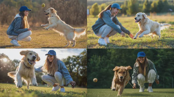 "20岁女士戴蓝绿色棒球帽遛狗正面视图，休闲运动装浅色长裤夹克白运动鞋，蹲姿与金毛犬互动扔球，牵引绳微绷直，狗跃起接球瞬间，绿草地虚化背景，自然光侧逆光，纪实摄影风格，85mm定焦镜头，浅景深，生动表情开怀大笑，暖色调，动态模糊前爪，编辑摄影范例，阳光午后，活力四射"
