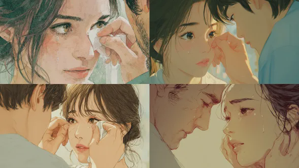 插画风格，年轻女性眼泪被英俊男性温柔擦拭，特写镜头，柔光，微距视角，浪漫氛围，细腻皮肤质感，水润泪珠，温柔眼神，干净背景，浅色调，高光柔和，唯美情感，温暖色调，精致细节，亲密互动，光影层次，柔和阴影，清新自然