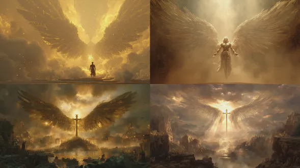 巨大的守护天使之翼在金色光芒中展开，俯瞰人类，壮丽的场景，宗教精神励志艺术，奇幻超现实数字构图，发光的十字架，宏大的场景，温暖的金棕色色调，体积光，雾效，神圣希望的情感，双手捧着光的构图