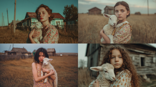 怪异又可爱美丽阴郁悲伤的女孩抱着小羊，乡村复古风，柔和暖色调，浅景深，自然光，35mm胶片质感，女孩穿着碎花连衣裙，忧郁眼神，小羊毛茸茸，背景是麦田和木屋，怀旧滤镜，低饱和度，细腻纹理，宁静中带忧伤，逆光拍摄，温柔拥抱