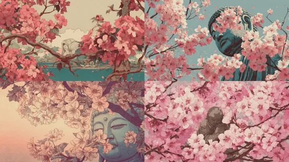 日本木刻风格风景插画，受江户时代木版画影响，一尊平静端坐的佛像部分被前景茂密的樱花树枝遮挡，花朵占据画面，花瓣和树枝重叠佛像，佛像透过层层花朵悄然显现，脸部和躯干仅部分可见，柔和的朦胧效果，平面图形构图，通过重叠平面营造分层深度，简化形式，雕刻线条，有限的色彩调色板，柔和的粉红色和柔和的石色调，手工纸质感，微妙的墨水渗晕，宁静的空白空间，诗意的幽玄氛围，插画而非摄影，版画美学，无照片、摄影、写实光照、景深、镜头、散景、电影感、hdr、超细节纹理、3d