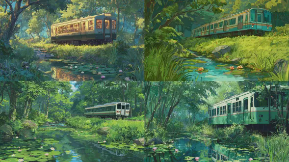 森林中的动漫风格火车，绿色的草地和树木，附近有一条小溪流淌，莲花漂浮在上面，周围是郁郁葱葱的植被，高分辨率，风景画，火车穿过树林，绿色的叶子挂在树枝上，车厢窗户的光影反射，平静的氛围，宁静的自然场景