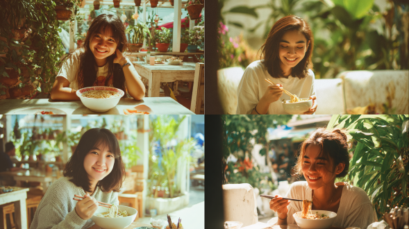 "女孩开心吃越南河粉，加州阳光，绿植背景，奶油色桌椅，柯达胶片色调，自然光，浅景深，50mm镜头，微笑表情，放松姿势，暖色调，高饱和度，复古滤镜，街头小吃氛围，愉悦情绪。"