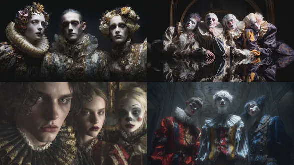 科伦拜恩、pierrot（皮埃罗）与harlequin（哈勒昆）角色，具戏剧电影海报般的能量，深色背景，迷失于镜厅，有超现实反射，巴洛克戏剧风格服饰，超精细织物，瓷妆，全身像，忧郁电影灯光