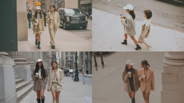 一张手机拍摄的照片，展示两位时尚女性在纽约街头行走。一位女性穿着超大号西装外套和裙子，搭配黑色踝靴。她留着深色长发，扎成低发髻，戴着白色棒球帽，手持咖啡杯。另一位女性穿着米色西装套装，搭配裤子和鞋子，留着短而直的棕色波波头。这似乎是时尚编辑摄影，可能来自时尚杂志的拍摄，发布在过去一年的snapchat故事中
