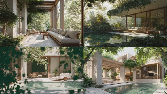 日式北欧风格房屋外部写实，自然融合，阳光透过树叶，摩洛哥风格瓷砖泳池，米色与米白色家具环绕，木质与混凝土结构，极简线条，大落地窗，绿色植物点缀，柔焦效果，自然光，浅色调，宁静舒适，温暖氛围。