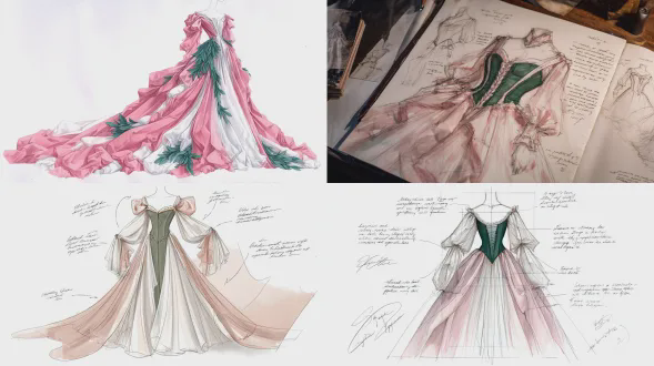 一幅手绘的晚礼服草图，色调为洋红色和白色，带有复杂的层次增加设计的深度。礼服有蓬松的袖子，展现出戏剧性的体积感，而紧身胸衣上装饰有深绿色的点缀。包含布景设计师关于裙子使用薄纱等材料的说明，营造沉浸式体验