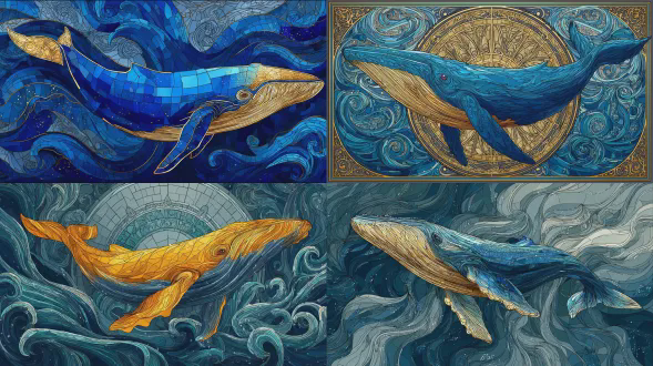 蓝金色圆头鲸鱼，波浪与漩涡环绕，白色背景，浅灰纸张上鲜艳色彩，深蓝底部与银色金属水纹对比，彩色玻璃艺术风格，t恤印花设计，高细节，对称构图，鲜明轮廓，柔和光影，平面插画，装饰性线条，饱和色调，梦幻氛围。