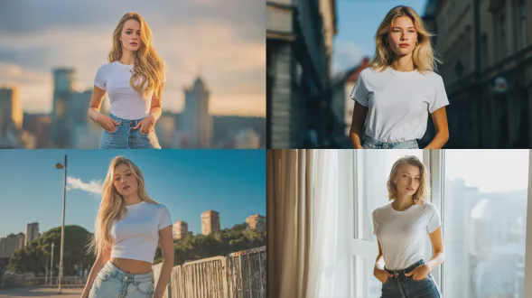 高挑苗条年轻俄罗斯女性，金发，白t恤，低腰喇叭牛仔裤，自信站立自然姿势，柔和光线写实风格，时尚摄影，高细节，浅景深，85mm镜头，柔光箱，中性色调，都市背景，自然光与补光结合，优雅自信表情，简约构图，突出身材线条，服装质感细腻