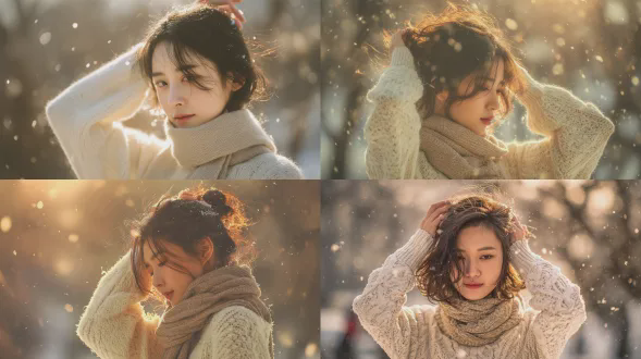 中国女性冬季肖像，奶油色针织毛衣，米色围巾，自然优雅姿势，轻抚头发，雪花飘落，柔金色阳光，高光面部，光滑肌肤，针织纹路清晰，背景虚化冬日树木，梦幻唯美，4k超写实，中焦镜头，浅景深，柔光，温暖色调，微风吹拂，宁静愉悦。