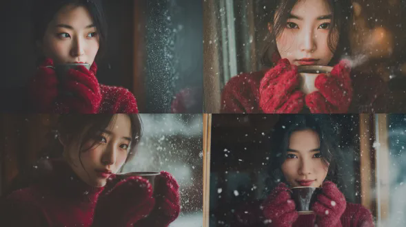 中国女性冬季肖像，双手捧热咖啡杯靠近脸庞，站在结霜窗边，深红色毛衣和柔软羊毛手套，温馨室内灯光，杯口蒸汽袅袅，窗外飘雪，自然表情，柔和温暖，生活化冬季时尚，4k画质，浅景深，50mm定焦镜头，柔光，高动态范围，细腻肤色，暖色调，舒适氛围。