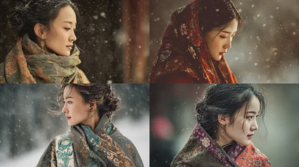 中国女性身着传统刺绣羊毛披肩，大地色调，优雅侧身，披肩轻搭肩头，柔雪飘落，冷调冬日，暖光聚焦面部，现代人像风格融合永恒优雅，长焦镜头，浅景深，柔光，胶片质感，温暖表情，对比色调，氛围感，细腻光影。