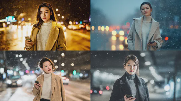 4k高清，中国女性冬季都市人像，长款大衣高领毛衣，淡妆，自信站姿一手插兜一手持手机，飘雪，虚化街灯，边缘清晰鲜明光线，冷色调，时尚冬季风格，广角镜头，浅景深，柔光，都市背景，现代感，优雅气质，自然表情。