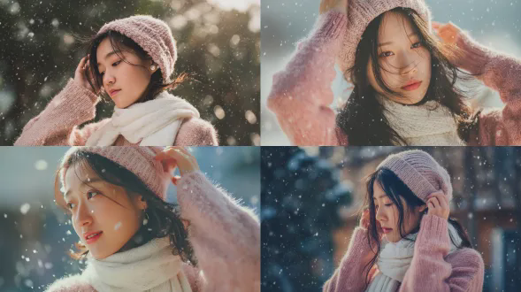 中国女性轻抚秀发，微风拂动，柔和粉色毛衣，羊毛贝雷帽，白色围巾，飘雪，柔光照明，光滑面部高光，女性化氛围，唯美风格，instagram风格，4k肖像，浅色调，温暖氛围，自然妆容，细腻皮肤质感，侧光，散景效果，柔和阴影，优雅姿势，清新感。