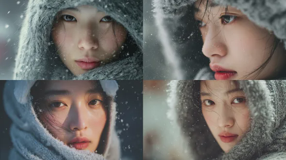 中国女性冬季特写，电影级4k，灰色针织毛衣，毛绒兜帽，无瑕暖妆，微光唇彩，深邃眼神，飘落雪花，冷气呼吸雾，脸颊暖光，散景背景，柔和侧光，浅景深，高动态范围，胶片质感，冷暖对比，细腻皮肤纹理，安静优雅，微表情