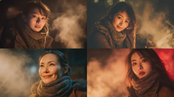 中国女性肖像，棕色夹克和针织围巾，篝火旁，温暖火光映照脸庞，淡烟缭绕，寒冷冬夜背景，柔和放松姿势，梦幻冬日氛围，4k画质，高分辨率，浅景深，50mm镜头，柔光，暖色调与冷色调对比，自然光影，细腻皮肤质感，宁静表情，环境细节丰富，朦胧烟雾效果，舒适温馨感。