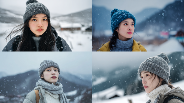 中国女性旅行者，冬季雪景，羽绒服高领毛衣毛线帽，自然姿态行走，雪粒落于衣帽，冷色调背景山谷虚化，现代青春风格，4k肖像，浅景深，柔焦，侧逆光，微红脸颊，雪花飘落，温暖呼吸雾气，中性表情，文艺氛围，索尼35mm镜头，低饱和度