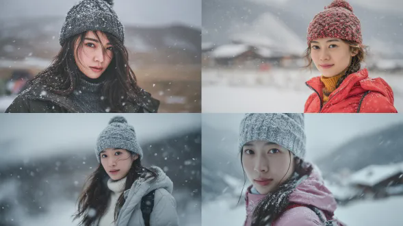 中国女子穿着羽绒服和高领毛衣，戴着毛线帽，雪地旅行，自然姿态，雪落在外套上，冷色调，背景虚化山谷，现代青年风格，4k肖像，浅景深，85mm镜头，柔和侧光，冬季氛围，宁静表情，细腻肤色，雪景层次感，动态捕捉，简约构图