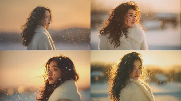中国女性肖像，金色夕阳下，白色羊毛大衣，蓬松波浪长发，飘落雪花，脸颊温暖高光，模糊日落地平线，侧身优雅姿势，梦幻冬日氛围，4k高清，柔焦效果，暖色调，逆光拍摄，浅景深，唯美主义，浪漫情绪，雪景背景，细腻光影对比，柔和阴影，自然肤色，柔和动态模糊，冬日温暖感，宁静氛围。