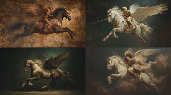 将这幅构图转变为文艺复兴风格的油画，主题相同、姿势相同、构图相同。一匹全速奔跑的飞马，旁边有一位手持剑的有翼天使。具有丰富的油画质感，可见画笔笔触。运用明暗对照法的光照，光影对比强烈。采用温暖的土色调、深沉的黑色以及柔和的金色高光。具备古典文艺复兴时期的解剖学特征，有着高贵的比例。呈现出绘画般的写实风格，具有电影般的深度。是博物馆级别的文艺复兴艺术品，营造出永恒且神圣的氛围