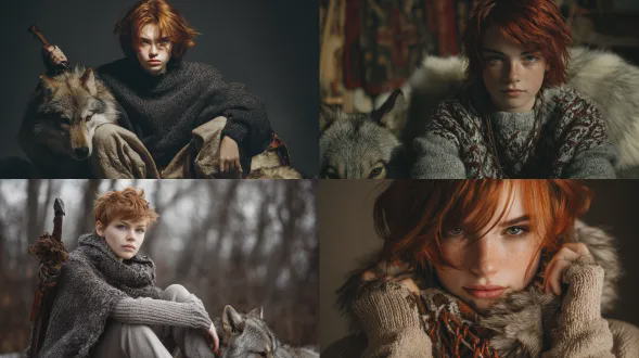 一个有着雌雄同体外貌的16岁女孩，浅金色短发和灰色眼睛。她穿着一件超大号拉伸毛衣、裤子和一张狼皮。她有着凶猛的、战士般的目光