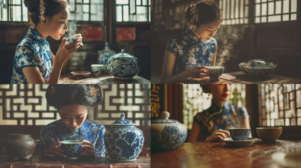 旗袍女孩优雅喝茶，木纹桌面，古色古香茶具，柔和自然光，浅景深，特写镜头，细腻肤质，含蓄微笑，青花瓷纹理，暖色调，中式窗棂背景，宁静氛围，丝绸质感，古典发髻，侧逆光，瓷器反光，茶气氤氲。