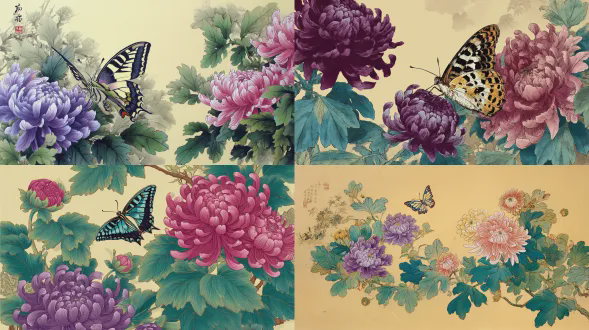 一只蝴蝶在菊花间飞舞，两侧是盛开的紫色和粉色花朵。背景是浅黄色纸张，左上角有一幅中国古画。下方有绿色叶子，呈现传统水墨画风格。这幅作品用华士琳风格创作，采用彩色水墨技法。细节清晰，色彩鲜艳，展现优雅与美丽。具有亚洲传统纹身风格，色彩丰富，浮世绘风格，白色背景