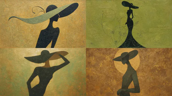 一位戴着宽边帽的人物的优雅剪影，背景是带有纹理的金绿色调。艺术线条和图案增强了优美的姿势和动态