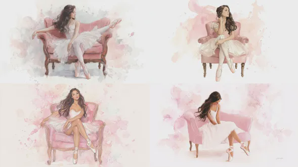 芭蕾舞演员，水彩柔和的高加索芭蕾舞演员，有着美丽的深棕色长发飘动，芭蕾舞演员优雅地坐在粉红色天鹅绒椅子上，在白色和粉红色象牙色腮红水彩背景上穿她的足尖鞋，飘逸、轻盈、明亮、美丽、优雅，水彩风格，轻盈的光线，柔和的光芒，温和，儿童房