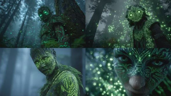 "刻满发光绿纹的自然守护者站在巨木之间，灵体如雾围绕，森林深邃莫测，神秘色调，充满灵性与生命张力，全身特写，半透明光纹，深邃绿瞳，古老树皮服饰，柔和辉光，超广角镜头，低角度仰拍，迷雾环绕，动态模糊光斑，夜光植物点缀，冷绿主色调，静谧威严，能量流动感，长曝光拖影，虚幻引擎渲染风格"