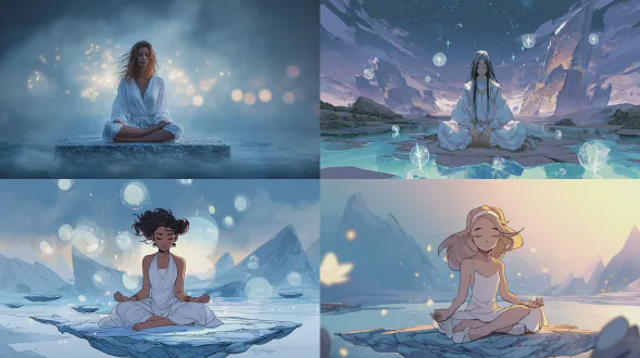 "女子盘坐于漂浮星岛，闭目冥想，身着流线白色长袍，发丝轻扬，面容平和而坚定，周围漂浮着晶莹能量球，星光点缀，背景是浩瀚星空与悬浮山峦，冷色调与柔和光晕交织，极简构图，超现实主义风格，广角镜头，柔焦效果，环境光，静谧，神秘，内在力量，能量流动，宁静致远。"