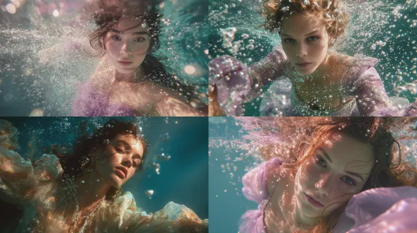 水下人像摄影，失重的氛围，头发和长裙优雅地漂浮在水中，光线透过水面折射，气泡和珍珠漂浮在周围，闪闪发光的皮肤，梦幻般的蓝绿色和淡紫色色调，宁静的表情，空灵的美，对眼睛的清晰聚焦，8k分辨率，流畅的运动