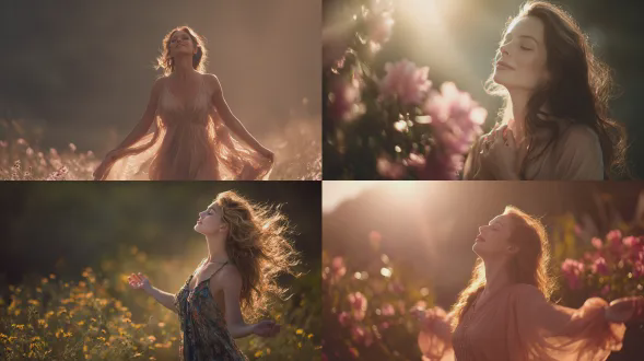 空灵女性，阳光洒落，触碰花朵，能量从手中散发，自然光照射，微笑睁眼，柔和色调，长焦镜头，浅景深，逆光，温暖氛围，飘逸长裙，细腻皮肤，发丝飞扬，生命力，和谐，宁静，梦幻。