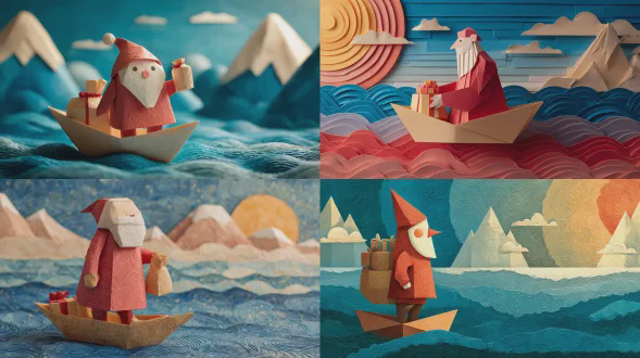 折纸圣诞老人站在纸船上，手持装满礼物的袋子，微笑，红色折纸服装白色胡须，背景是蓝色波纹水面，远处有折纸风格雪山，阳光照射，温暖色调，柔和阴影，剪纸风格，高细节，快乐氛围，童话感