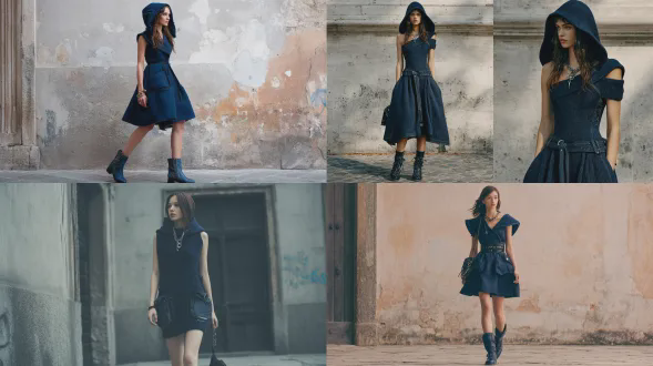 一位模特穿着海军蓝针织迷你连衣裙，单肩设计，有帽袖、修身腰围和a字裙，搭配牛仔靴、拉链口袋、多层首饰，留着棕色长发，提着一个手提包，在斑驳的灰色墙壁前行走