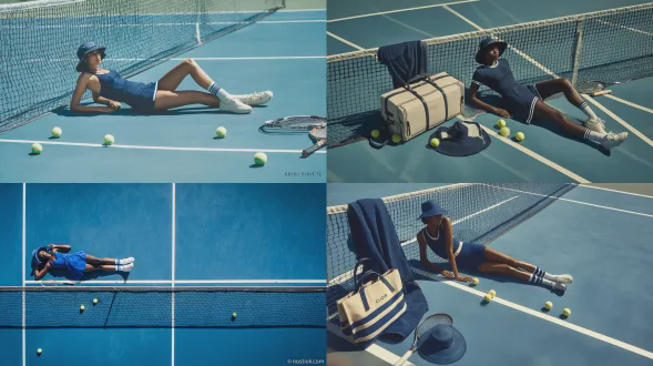 高端时尚编辑风网球俱乐部生活方式照片，奢华学院风“乡村俱乐部”美学，钴蓝色硬地网球场充满画面作为干净的负空间，清晰的白色球场线和球网构成强烈的几何网格，时尚的深色皮肤女性模特以放松嬉戏的姿势躺在球场上，双腿抬起搭在球网上，头部微微转向一侧，优雅简约的海军蓝网球服（光滑合身的连衣裙或紧身衣），白色船员袜带有细海军蓝条纹，干净的白色网球鞋，海军蓝遮阳帽，一件海军蓝运动衫随意搭在球网上，带有海军蓝肩带的奶油色/象牙色行李袋在她旁边，几个网球整齐地散落在前景，一个网球拍部分在底部边缘可见，构图聚焦对角线和对称，从上方以轻微角度拍摄（俯视编辑构图），自然正午阳光，柔和清晰的阴影，清晰锐利的细节，冷色调色彩分级，克制的饱和度，高级商业广告外观，超干净，简约造型，时尚摄影，35mm镜头，f/4，高分辨率，真实皮肤纹理，无杂乱，无人群，无标志，无文字