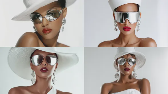 贝瑞（未命名）的黑人女性，拥有完美发光的棕色皮肤，摆出高级时尚模特姿势，超大镜面金属飞行员墨镜占据画面，极致镜面铬反射，墨镜视觉上主导图像， razor-sharp反光镜片，大胆有光泽的樱桃红色口红作为第二焦点，优雅的白色软呢帽，大型雕塑感银色耳环，白色无肩带合身连衣裙，简洁的高级时装造型，坚毅的下巴线条，精致的五官，自信的表情，奢华时尚编辑摄影，工作室灯光设计以放大镜面反射，镜片和嘴唇上的高对比度高光，极简构图，纯纯色白色背景无纹理，无渐变，无阴影，无布料，无环境，主体居中，适合封面，超写实，高细节，清晰对焦，具有《vogue》级精致度