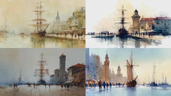 帆船水彩画，欧式港口背景，大型帆船居中，塔楼建筑，港口人物活动，柔和色调，松散笔触，透明水彩效果，浅色渐变，平静氛围，细节简洁，水平构图，自然光，轻盈流动感。