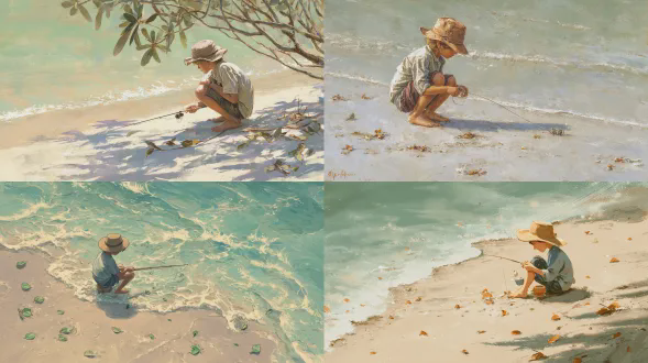 一个8岁的新西兰男孩在炎热的海滩上钓鱼，戴着宽檐帽，穿着短袖衬衫和短裤，专注地看着鱼线，周围散落着树叶，沙滩细软，海浪轻拍，柔和的画笔笔触，颜色平滑混合，明亮柔和的粉彩色调（浅绿色、黄色），稍微俯视的视角，柔和的绘画风格，广角镜头，自然光，温暖氛围，宁静愉悦
