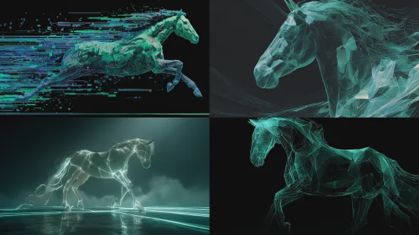 空灵的马溶解成漂浮的像素碎片和锯齿状的低多边形碎片，发光的绿蓝色数字躯体由发光的矢量线条勾勒，划过无限黑暗的抽象平面，朝向微亮的角落，超现实的失重运动，级联的霓虹轨迹，类似故障的扭曲，发光的线框网格和流动的线性图案，抽象的生成几何，最小化的90年代cgi灵感，超细节的数字抽象，电影般戏剧性的光照，强烈对比，深阴影，微妙的角落光线暗示可能性和出现，未来主义赛博艺术风格
